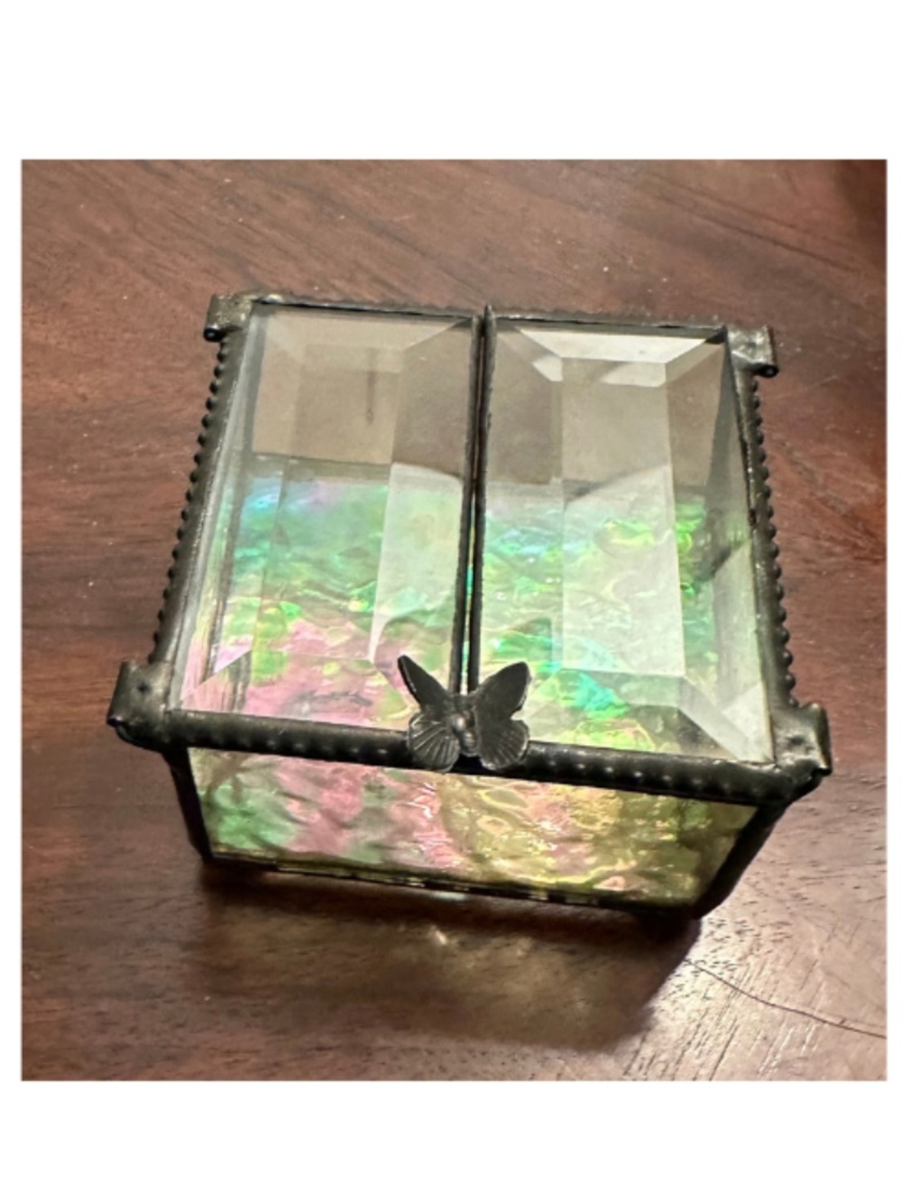 Vintage Beveled Glass Trinket Box Double Hinged Lids Butterfly 3.2"